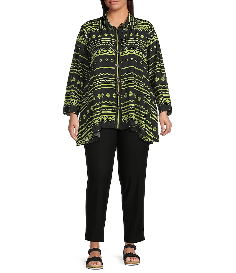 Ali Miles Plus Size Woven Zig-Zag Harmony Print Point Collar 3/4 Roll-Tab Sleeve Asymmetric Hem Button Front Tunic