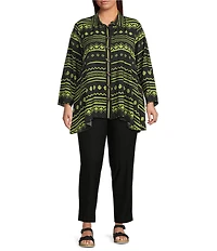 Ali Miles Plus Size Woven Zig-Zag Harmony Print Point Collar 3/4 Roll-Tab Sleeve Asymmetric Hem Button Front Tunic