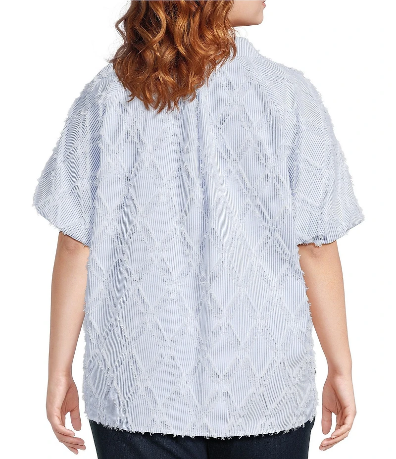 Ali Miles Plus Size Yarn-Dye Clipped Jacquard Printed Point Collar Short Sleeve Button Front Shirt