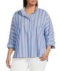 Ali Miles Plus Size Yarn Dye Stripe Wire Collar 3/4 Dolman Sleeve Tunic