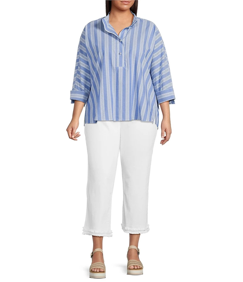 Ali Miles Plus Size Yarn Dye Stripe Wire Collar 3/4 Dolman Sleeve Tunic