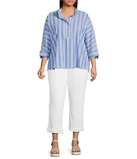 Ali Miles Plus Size Yarn Dye Stripe Wire Collar 3/4 Dolman Sleeve Tunic