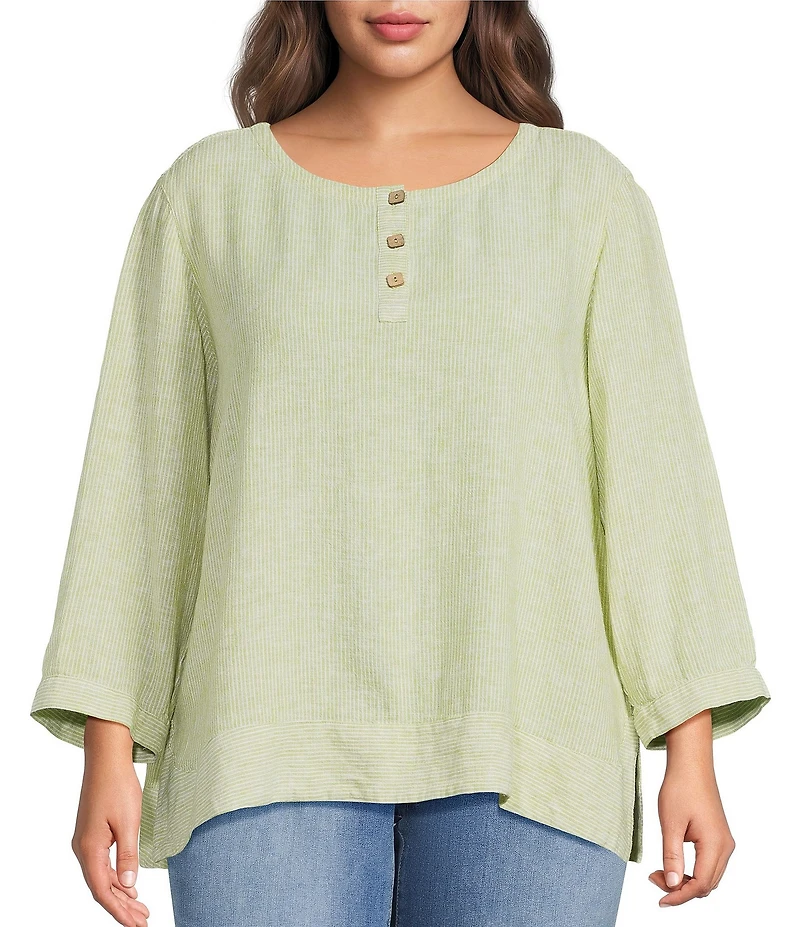 Ali Miles Plus Size Yarn-Dye Woven Stripe Round Neck 3/4 Cuffed Sleeve Button Front Placket Top