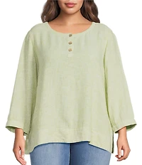 Ali Miles Plus Size Yarn-Dye Woven Stripe Round Neck 3/4 Cuffed Sleeve Button Front Placket Top