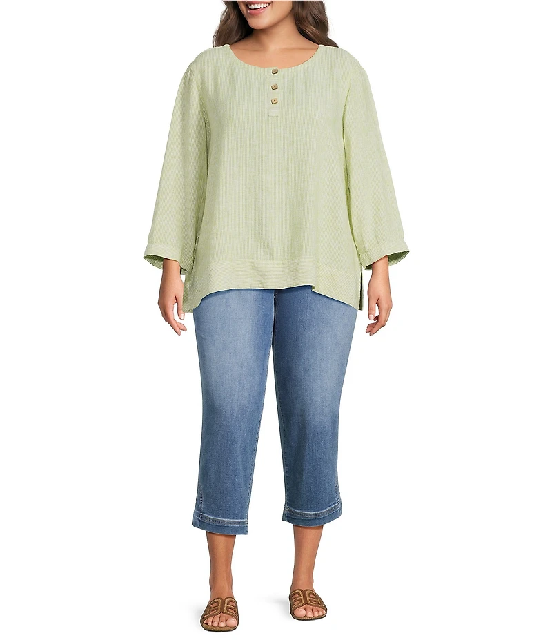 Ali Miles Plus Size Yarn-Dye Woven Stripe Round Neck 3/4 Cuffed Sleeve Button Front Placket Top