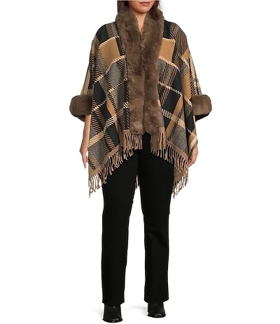 Ali Miles Plus Size Plaid Faux-Fur Trim Fringe Hem Cozy Open-Front Jacket