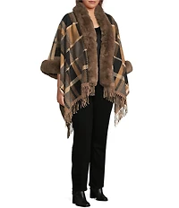 Ali Miles Plus Size Plaid Faux-Fur Trim Fringe Hem Cozy Open-Front Jacket