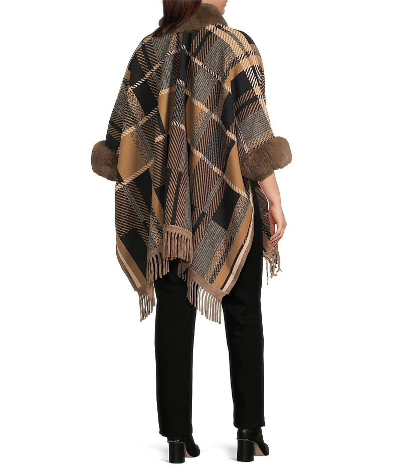 Ali Miles Plus Size Plaid Faux-Fur Trim Fringe Hem Cozy Open-Front Jacket