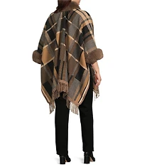 Ali Miles Plus Size Plaid Faux-Fur Trim Fringe Hem Cozy Open-Front Jacket