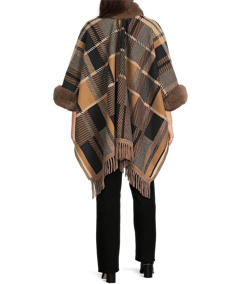 Ali Miles Plus Size Plaid Faux-Fur Trim Fringe Hem Cozy Open-Front Jacket