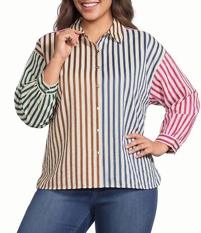 Ali Miles Plus Size Yarn Dyed Multi Colored Stripes Point Collar 3/4 Cuffed Sleeve Button Front Hi-Low Hem Shirt