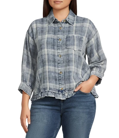 Ali Miles Plus Size Yarn-Dyed Plaid Point Collar 3/4 Cuff Sleeve Ruffled Hem Button-Front Shirt