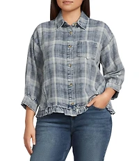 Ali Miles Plus Size Yarn-Dyed Plaid Point Collar 3/4 Cuff Sleeve Ruffled Hem Button-Front Shirt