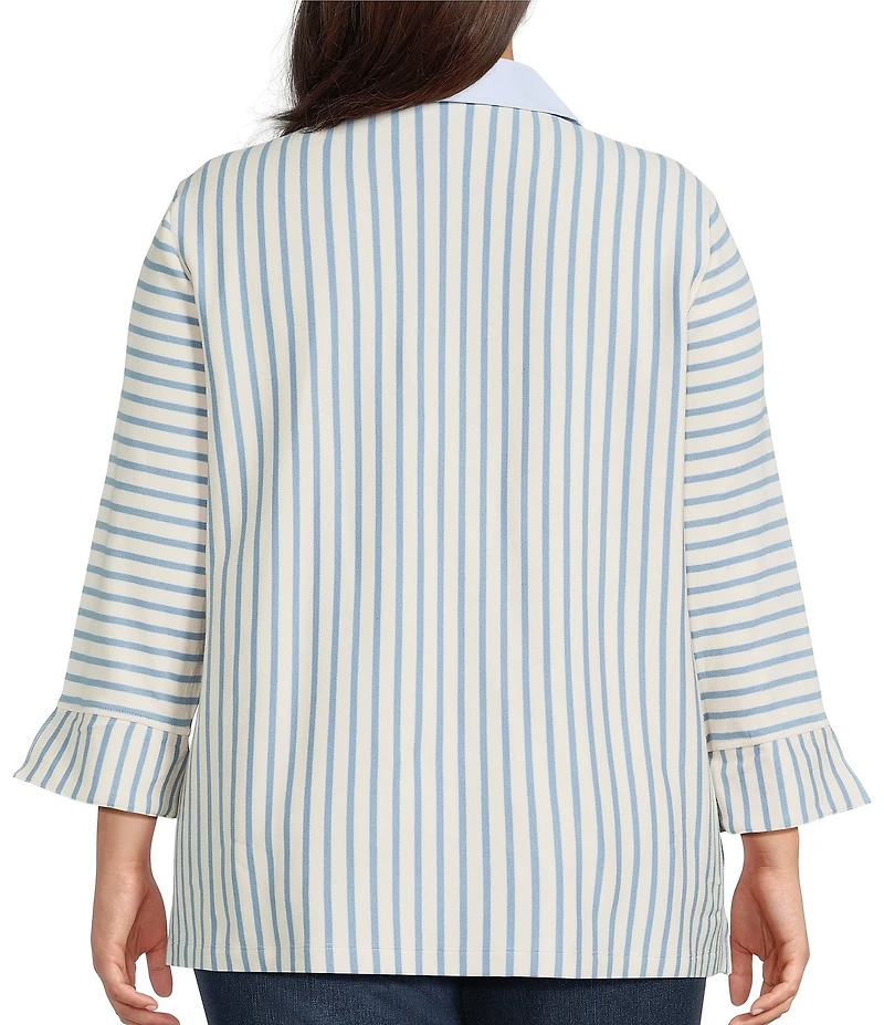 Ali Miles Plus Size Yarn-Dyed Stripe Collared Split V-Neck Long Sleeve Tunic