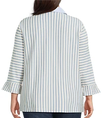 Ali Miles Plus Size Yarn-Dyed Stripe Collared Split V-Neck Long Sleeve Tunic