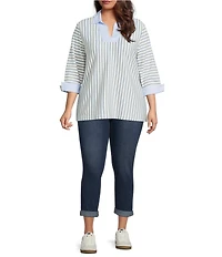 Ali Miles Plus Size Yarn-Dyed Stripe Collared Split V-Neck Long Sleeve Tunic