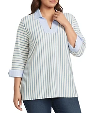 Ali Miles Plus Size Yarn-Dyed Stripe Collared Split V-Neck Long Sleeve Tunic
