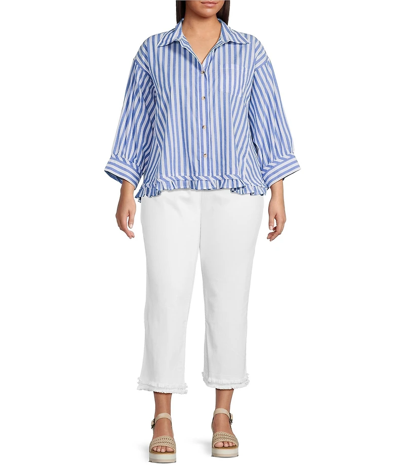 Ali Miles Plus Size Yarn-Dyed Stripe Point Collar 3/4 Sleeve Tiered Ruffle Hem Button-Front Top