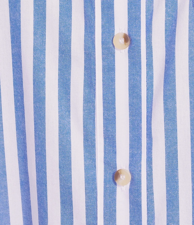 Ali Miles Plus Size Yarn-Dyed Stripe Point Collar 3/4 Sleeve Tiered Ruffle Hem Button-Front Top