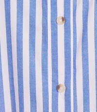 Ali Miles Plus Size Yarn-Dyed Stripe Point Collar 3/4 Sleeve Tiered Ruffle Hem Button-Front Top