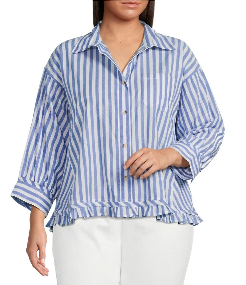 Ali Miles Plus Size Yarn-Dyed Stripe Point Collar 3/4 Sleeve Tiered Ruffle Hem Button-Front Top