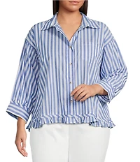 Ali Miles Plus Size Yarn-Dyed Stripe Point Collar 3/4 Sleeve Tiered Ruffle Hem Button-Front Top