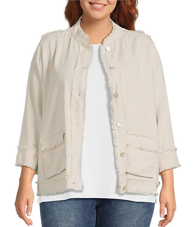 Ali Miles Plus Size Yarn-Dyed Woven Stand Collar 3/4 Sleeve Button-Front Jacket