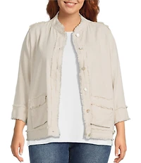 Ali Miles Plus Size Yarn-Dyed Woven Stand Collar 3/4 Sleeve Button-Front Jacket