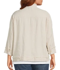 Ali Miles Plus Size Yarn-Dyed Woven Stand Collar 3/4 Sleeve Button-Front Jacket
