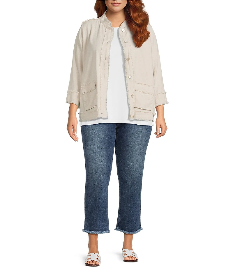 Ali Miles Plus Size Yarn-Dyed Woven Stand Collar 3/4 Sleeve Button-Front Jacket