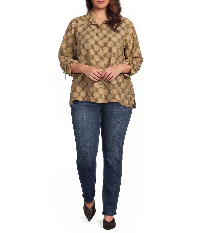 Ali Miles Plus Woven Jacquard Allover Dot Point Collar 3/4 Cinched Sleeve Button Front Shirt