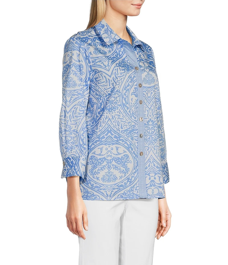 Ali Miles Point Collar 3/4 Sleeves Antique Print Soft Cotton Shirt