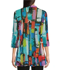 Ali Miles Printed Mesh Inset 3/4 Sleeve Open-Front Kimono