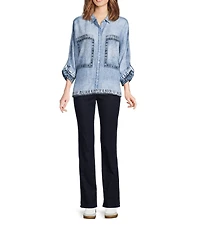 Ali Miles Printed Point Collar 3/4 Dolman Sleeve Button Front Tunic