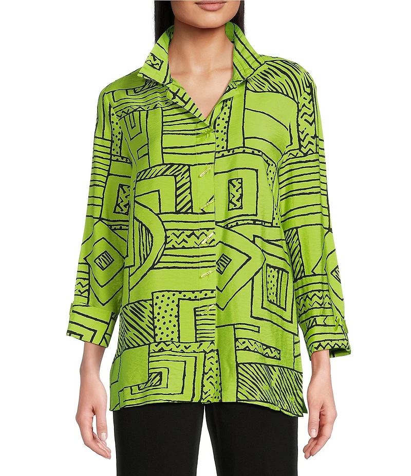 Ali Miles Printed Wire Collar 3/4 Sleeve Button Front Side Slit Tunic