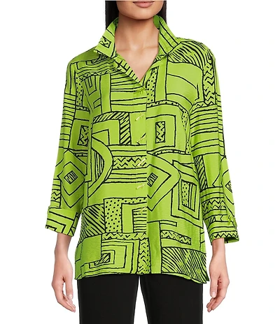 Ali Miles Printed Wire Collar 3/4 Sleeve Button Front Side Slit Tunic