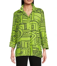 Ali Miles Printed Wire Collar 3/4 Sleeve Button Front Side Slit Tunic
