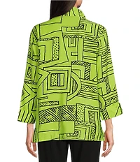 Ali Miles Printed Wire Collar 3/4 Sleeve Button Front Side Slit Tunic