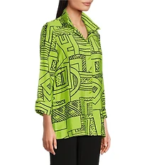 Ali Miles Printed Wire Collar 3/4 Sleeve Button Front Side Slit Tunic