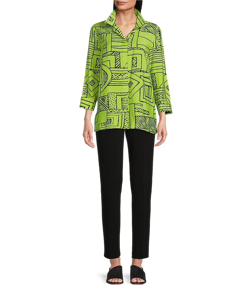 Ali Miles Printed Wire Collar 3/4 Sleeve Button Front Side Slit Tunic