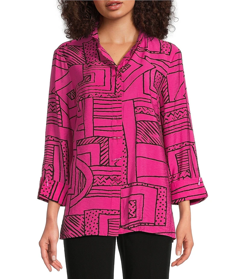 Ali Miles Printed Wire Collar 3/4 Sleeve Button Front Side Slit Tunic