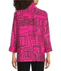 Ali Miles Printed Wire Collar 3/4 Sleeve Button Front Side Slit Tunic