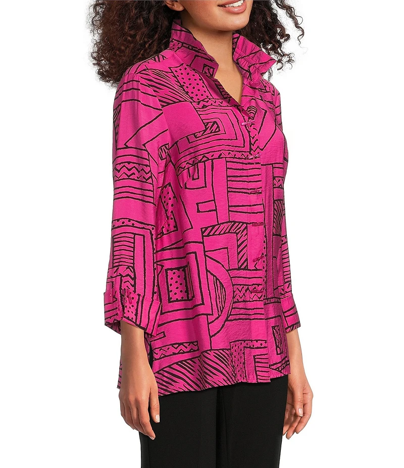 Ali Miles Printed Wire Collar 3/4 Sleeve Button Front Side Slit Tunic