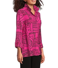 Ali Miles Printed Wire Collar 3/4 Sleeve Button Front Side Slit Tunic