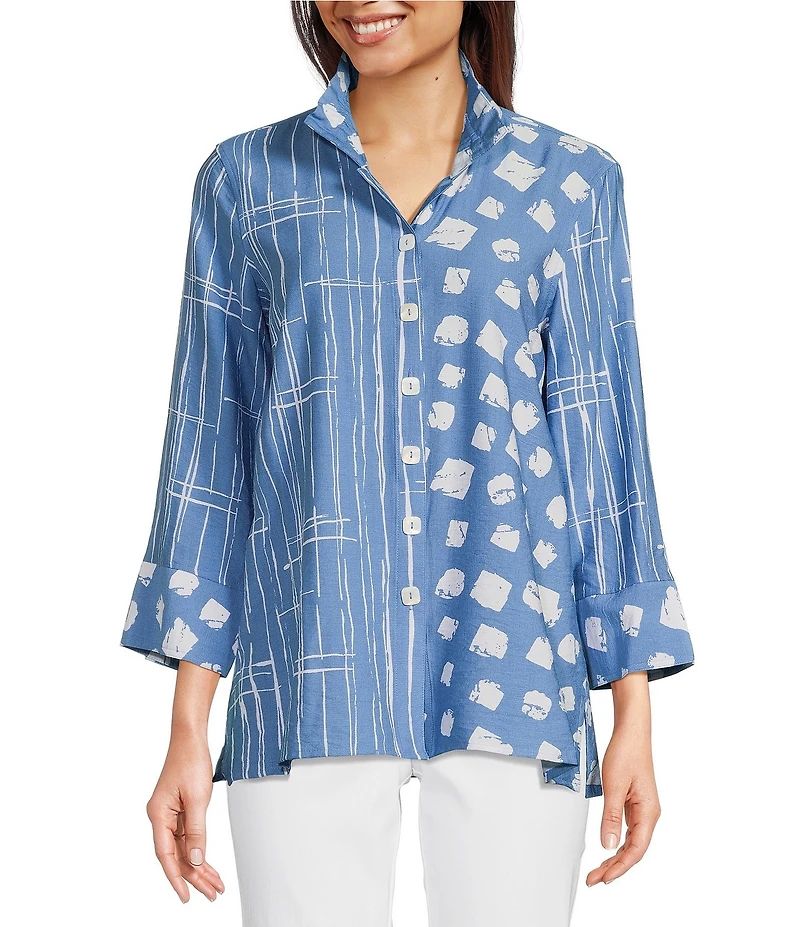 Ali Miles Printed Wire Collar 3/4 Sleeve Button-Front Tunic