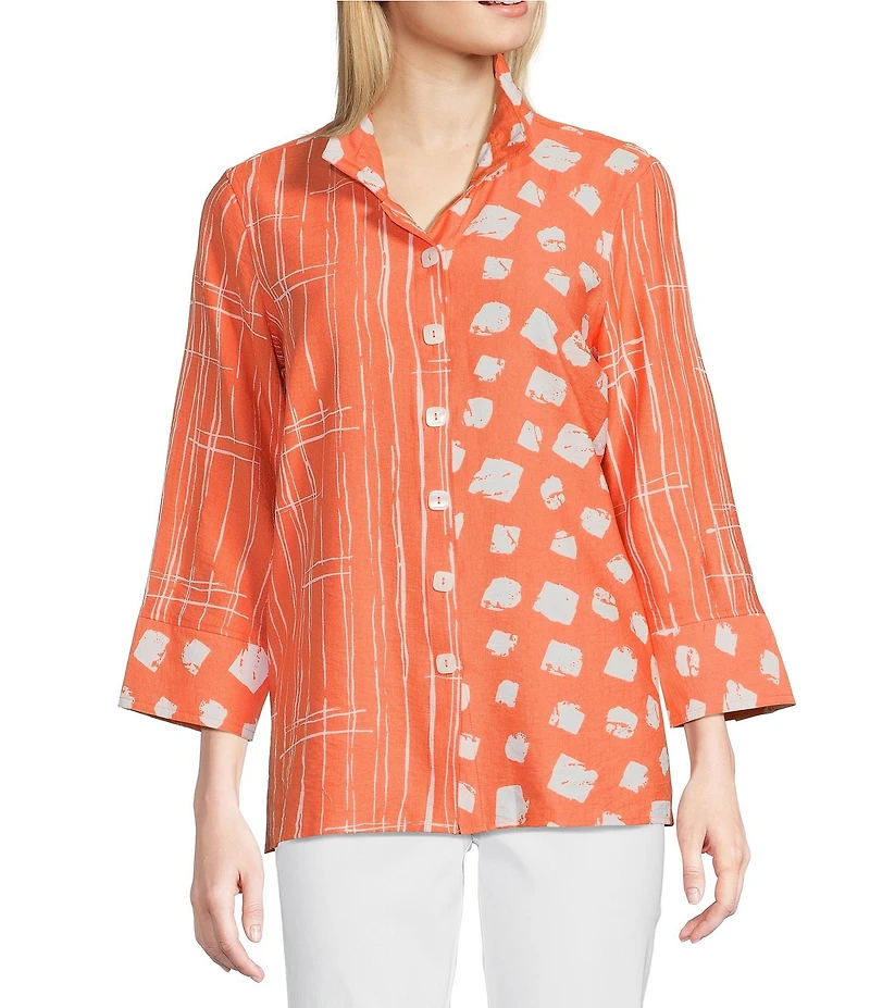 Ali Miles Printed Wire Collar 3/4 Sleeve Button-Front Tunic