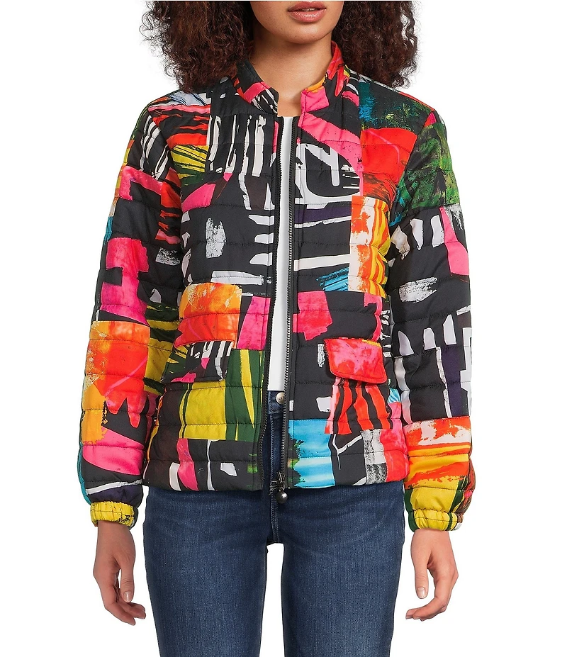 Ali Miles Reversible Abstract Print Quilted Stand Collar Long Sleeve High-Low Zip Front Jacket