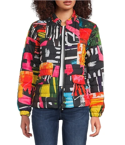 Ali Miles Reversible Abstract Print Quilted Stand Collar Long Sleeve High-Low Zip Front Jacket