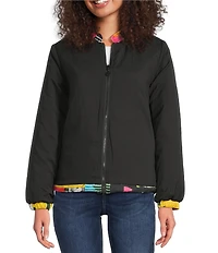 Ali Miles Reversible Abstract Print Quilted Stand Collar Long Sleeve High-Low Zip Front Jacket
