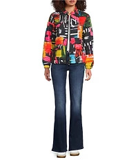 Ali Miles Reversible Abstract Print Quilted Stand Collar Long Sleeve High-Low Zip Front Jacket